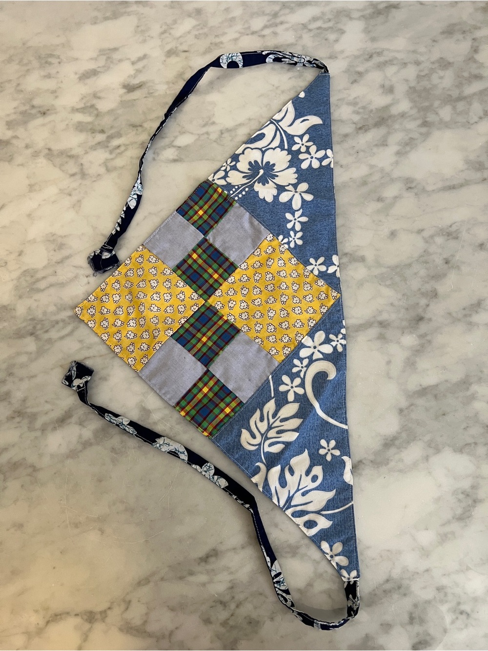 Handmade Kids Aloha Cotton Patchwork Headscarf in Blue and Yellow. 21x15”, 52” L - Picture 2 of 6